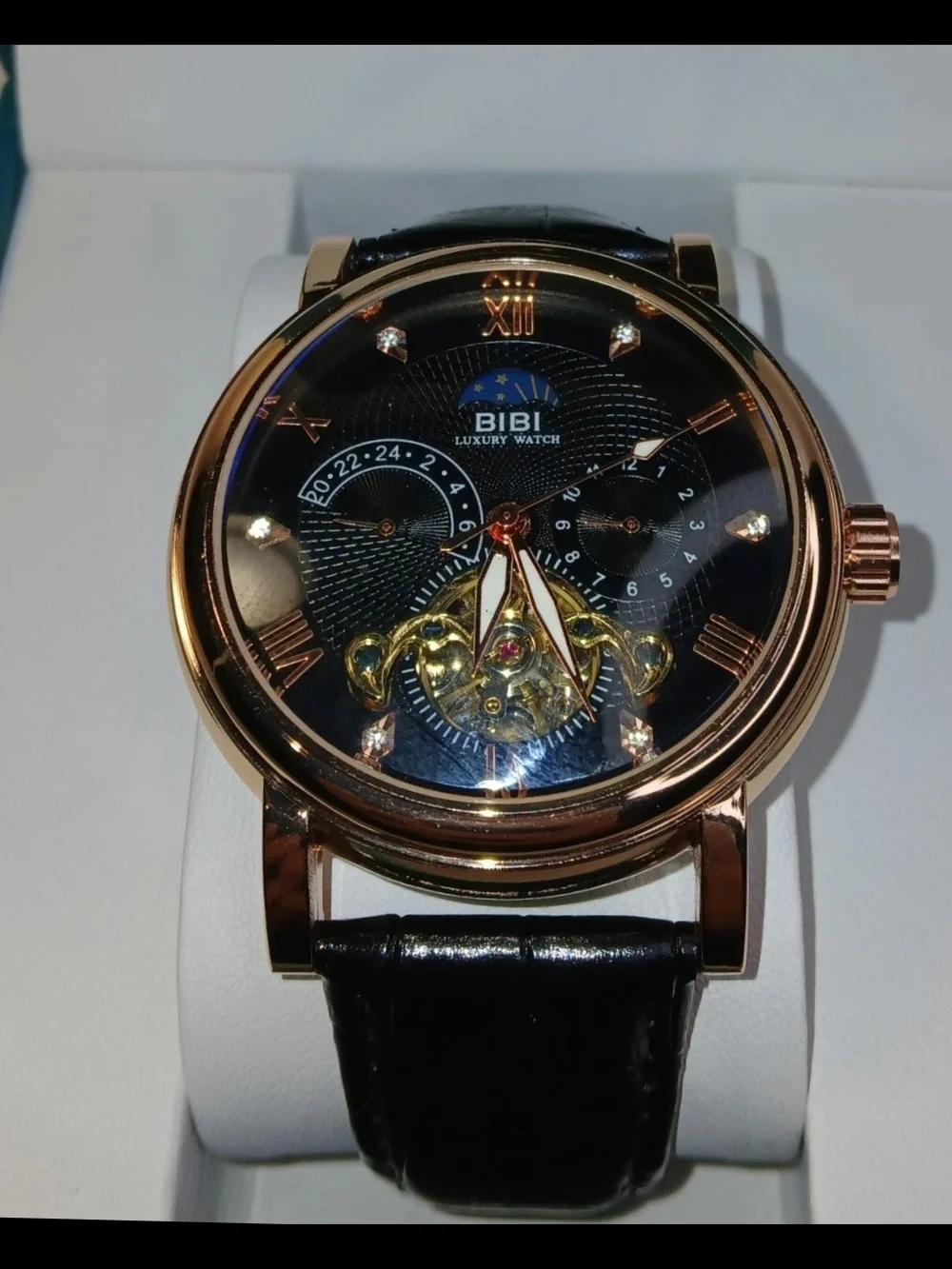 ​BiBi Luxury Automatic Mens Watch Rose Gold Skeleton Open Heart Black Leather...